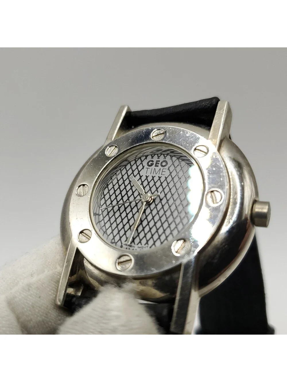 Geo Time Always Ahead Of Time 35mm Quartz New Battery Silver Tone Black Band